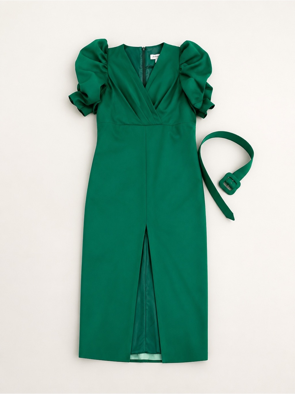 Green Sheath Midi Dress with Ruffled Puff Sleeves
